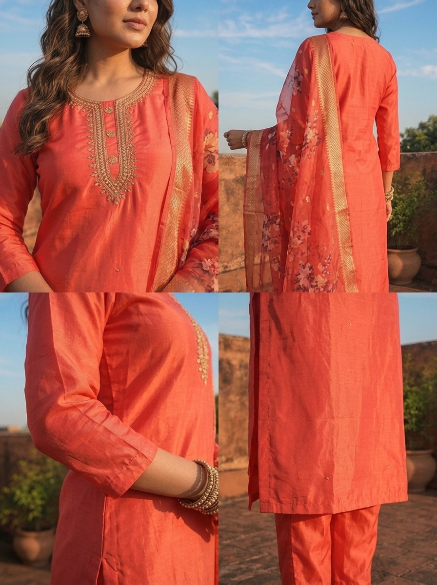 Tomato Tissue Stone Embroidered Three Piece Set