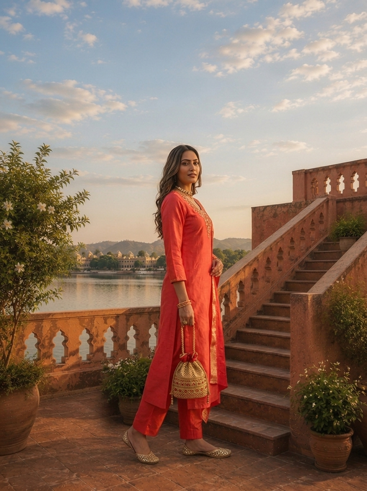 Coral Pink Tissue Thread Embroidered Three Piece Set
