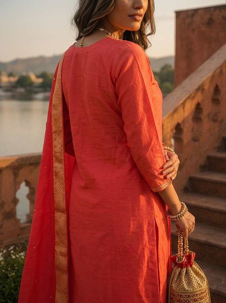 Coral Pink Tissue Thread Embroidered Three Piece Set