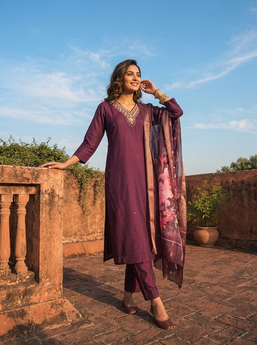 Wine Rayon Floral Embroidered Three Piece Set