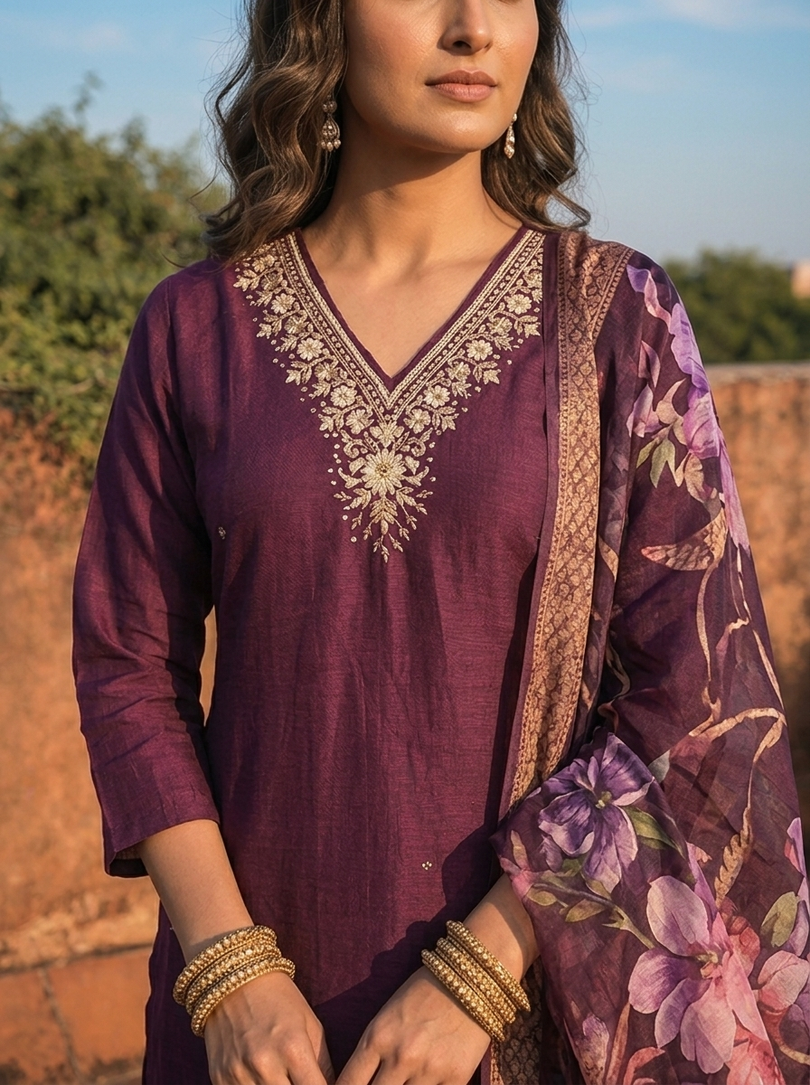 Wine Rayon Floral Embroidered Three Piece Set