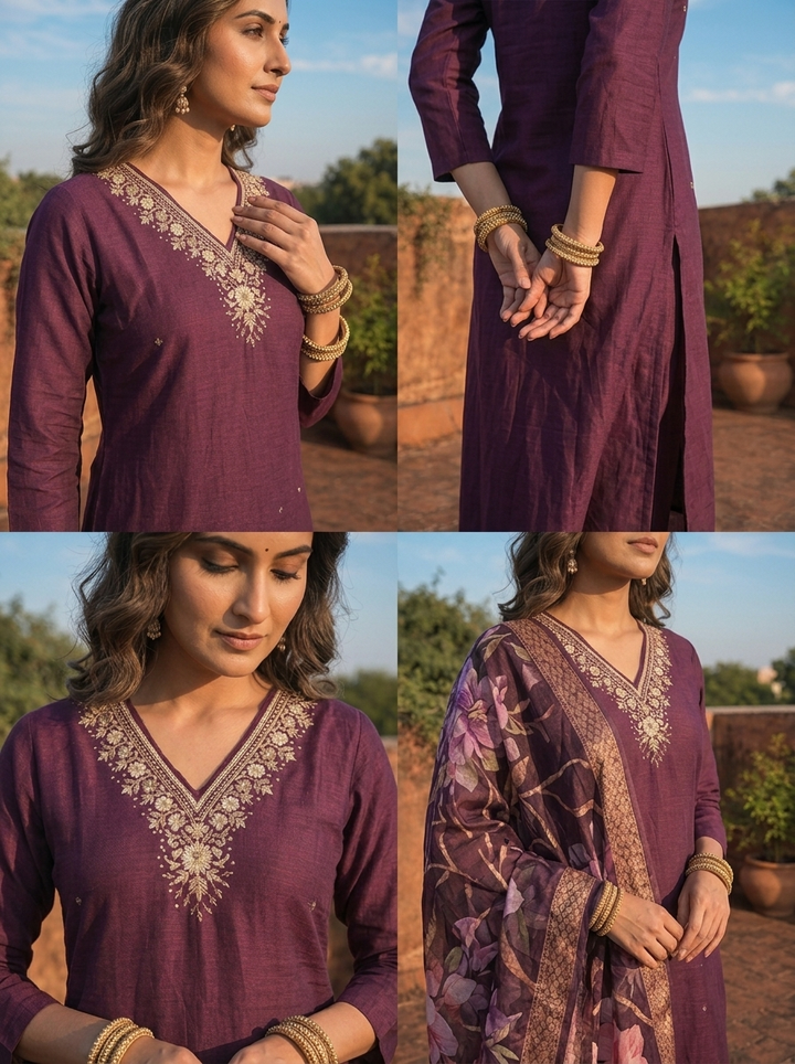 Wine Rayon Floral Embroidered Three Piece Set