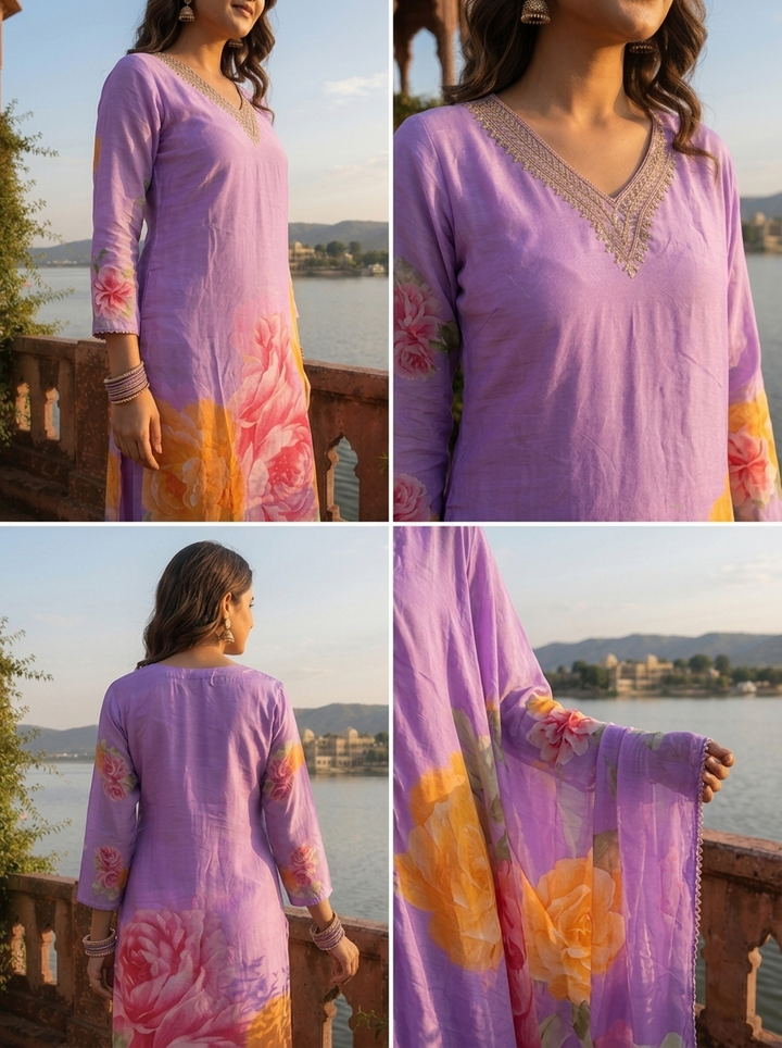 Lilac Muslin Floral Digital Printed Three Piece Set