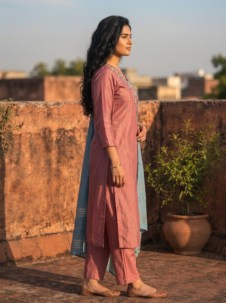 Onion Tissue Stone And Thread Embroidered Three Piece Set