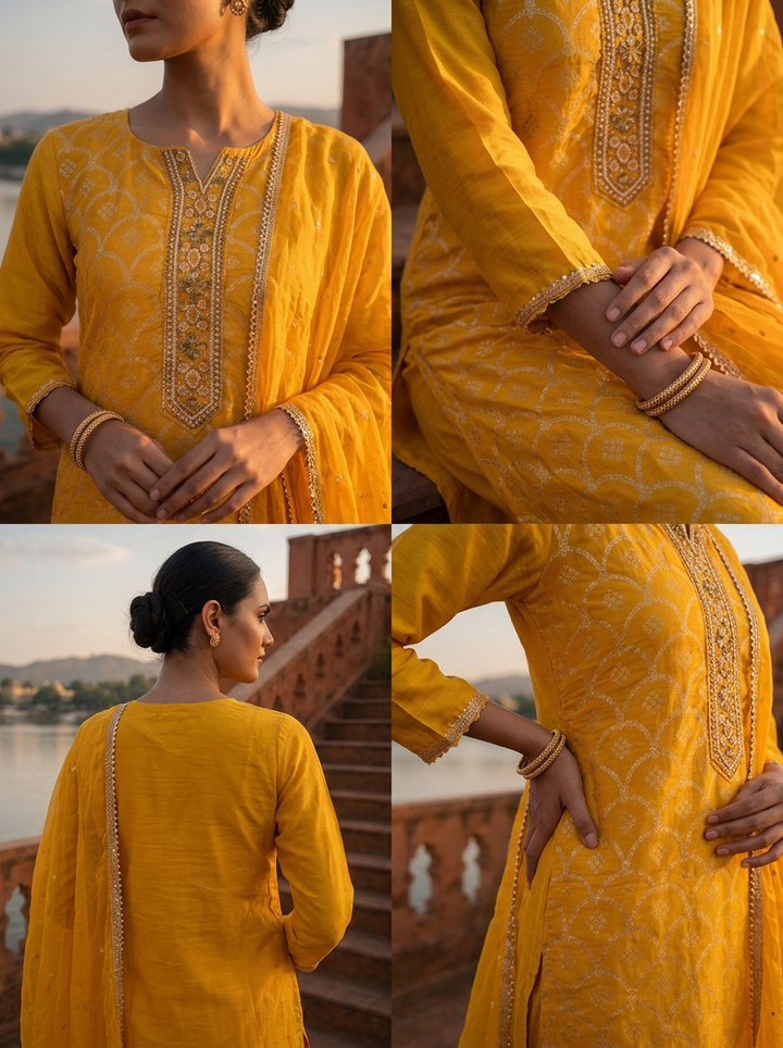 Mustard Silk Zari Weaved Three Piece Set