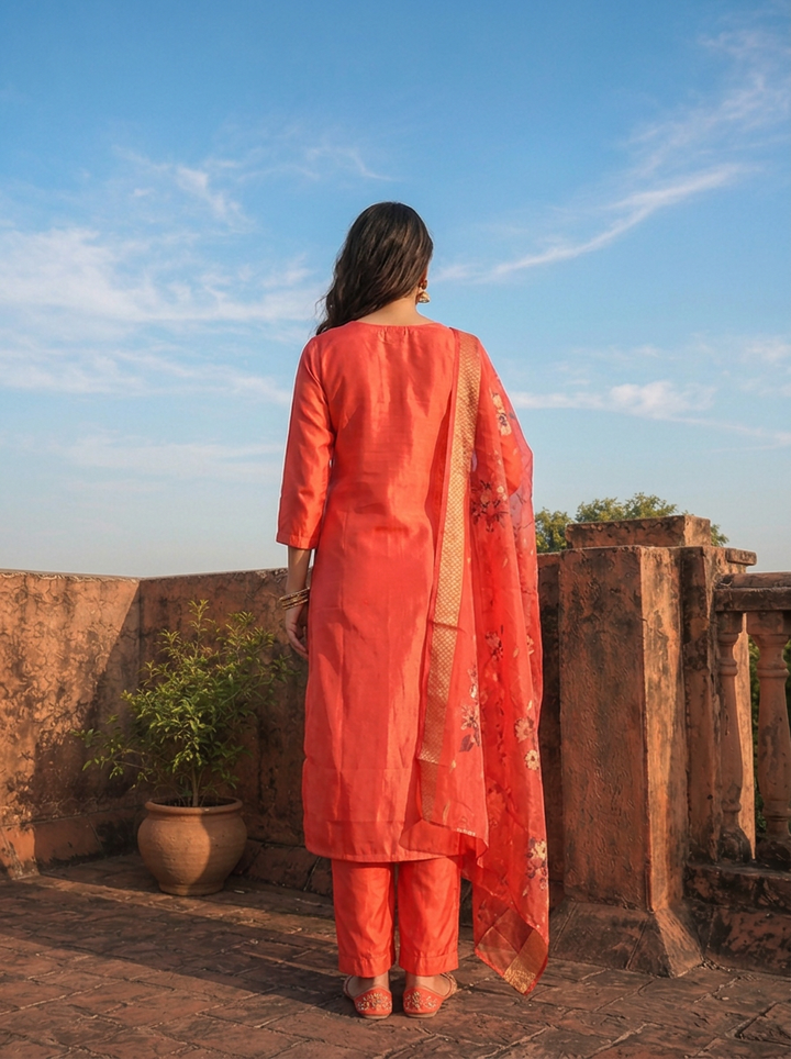 Tomato Tissue Stone Embroidered Three Piece Set