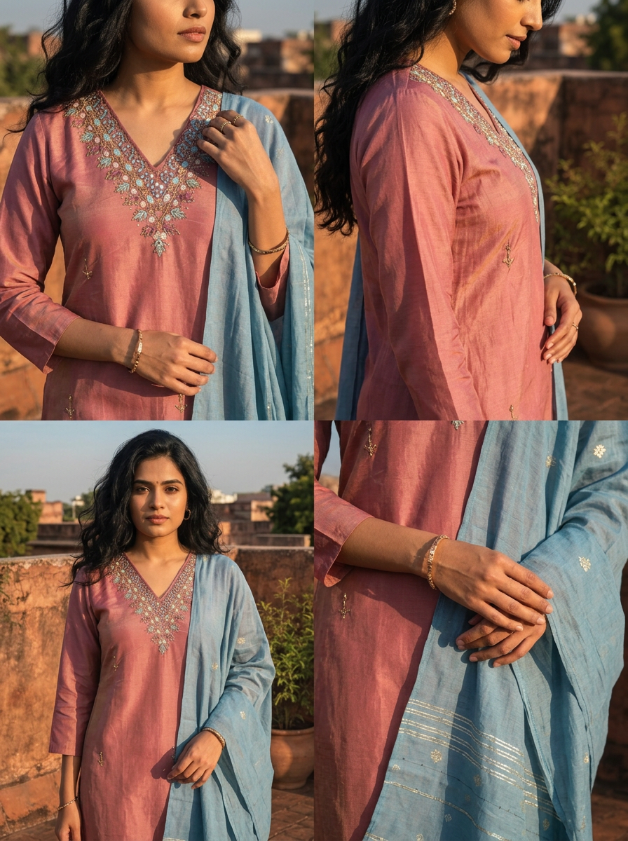 Onion Tissue Stone And Thread Embroidered Three Piece Set