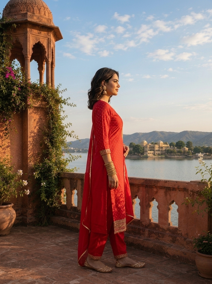 Red Silk Zari Printed Three Piece Set