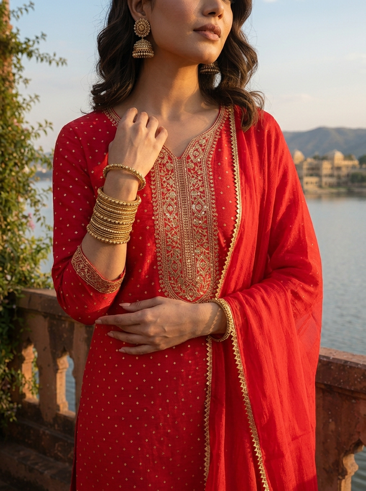 Red Silk Zari Printed Three Piece Set