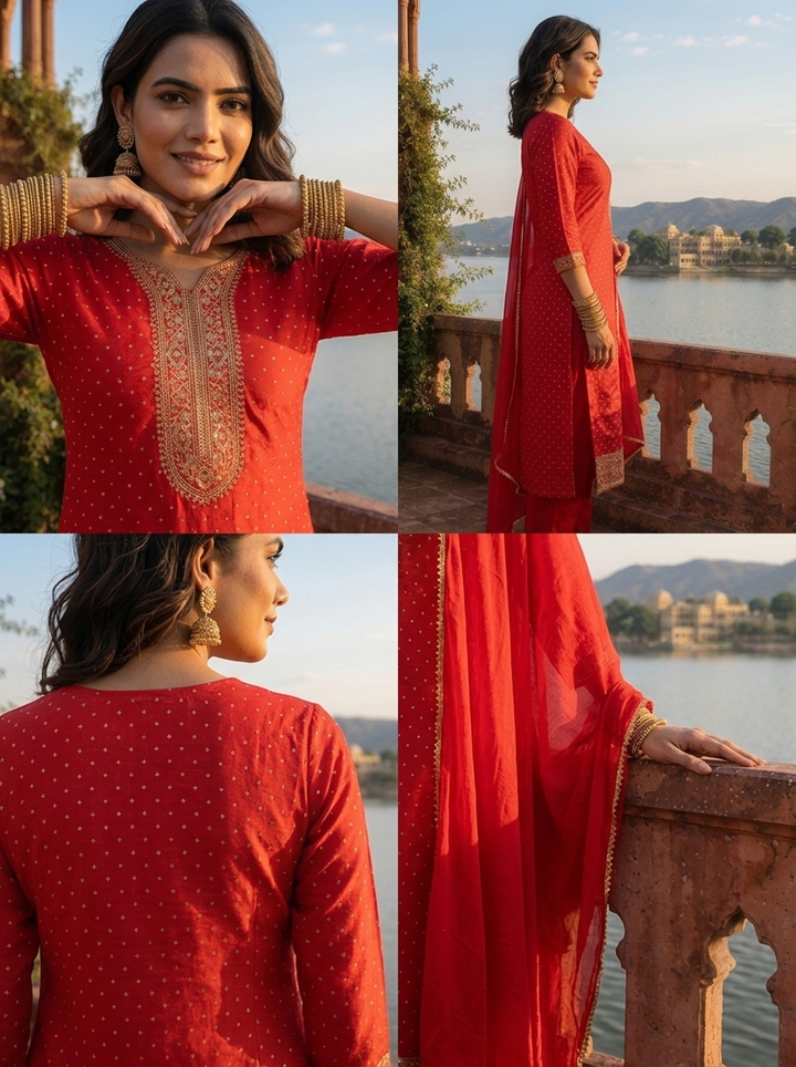 Red Silk Zari Printed Three Piece Set