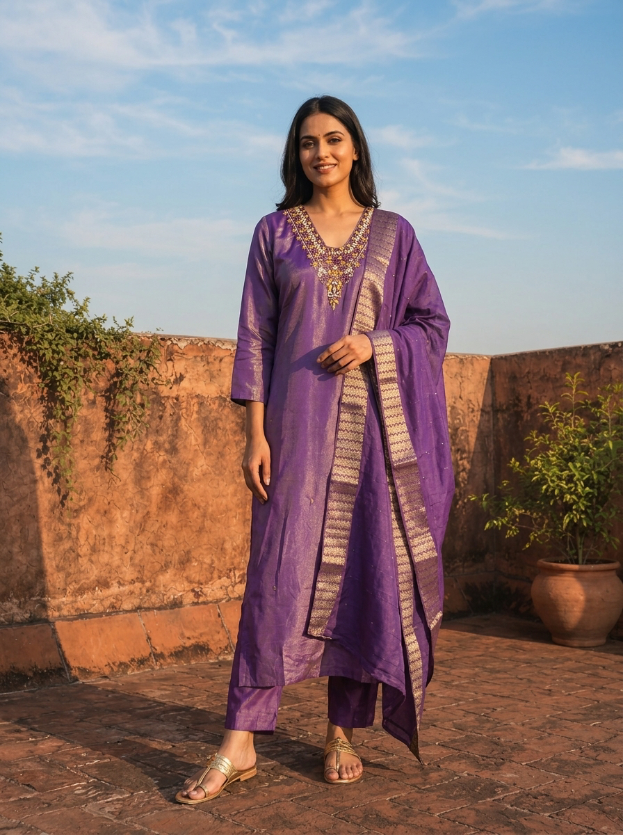 Purple Tissue Thread Floral Embroidered Three Piece Set