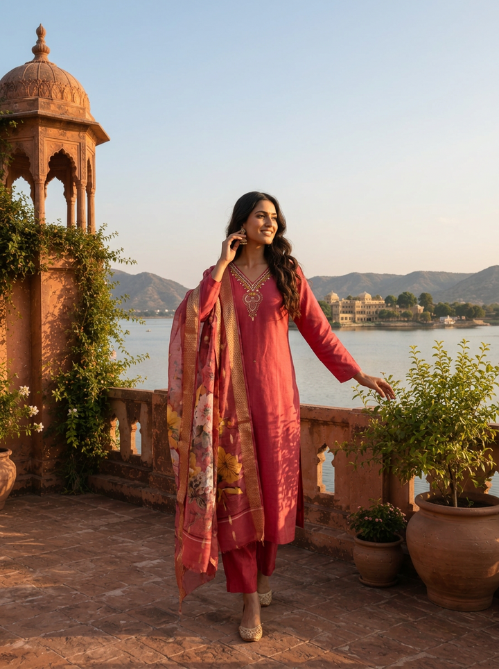 Onion Rayon Thread Embroidered Three Piece Set