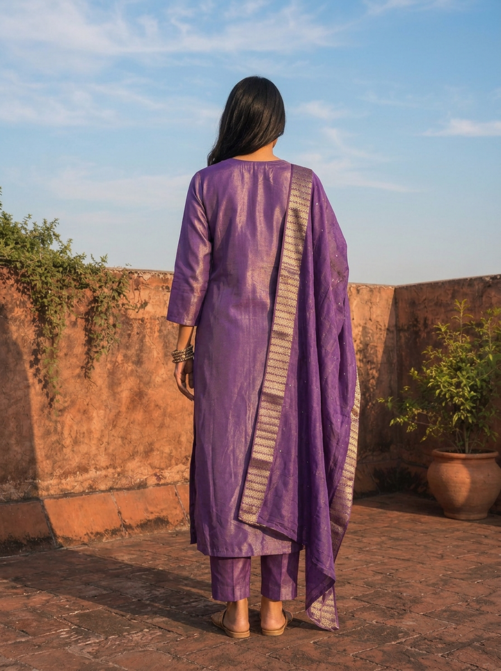Purple Tissue Thread Floral Embroidered Three Piece Set