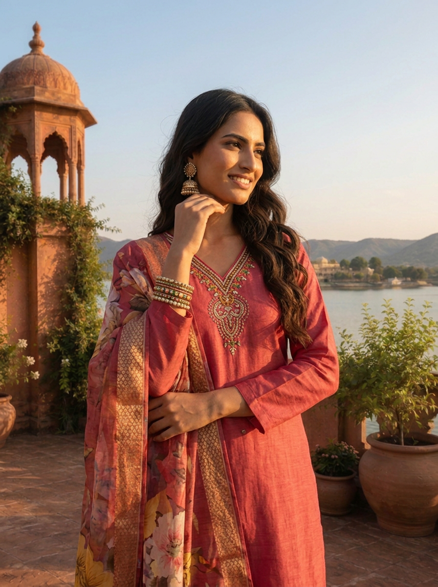 Onion Rayon Thread Embroidered Three Piece Set