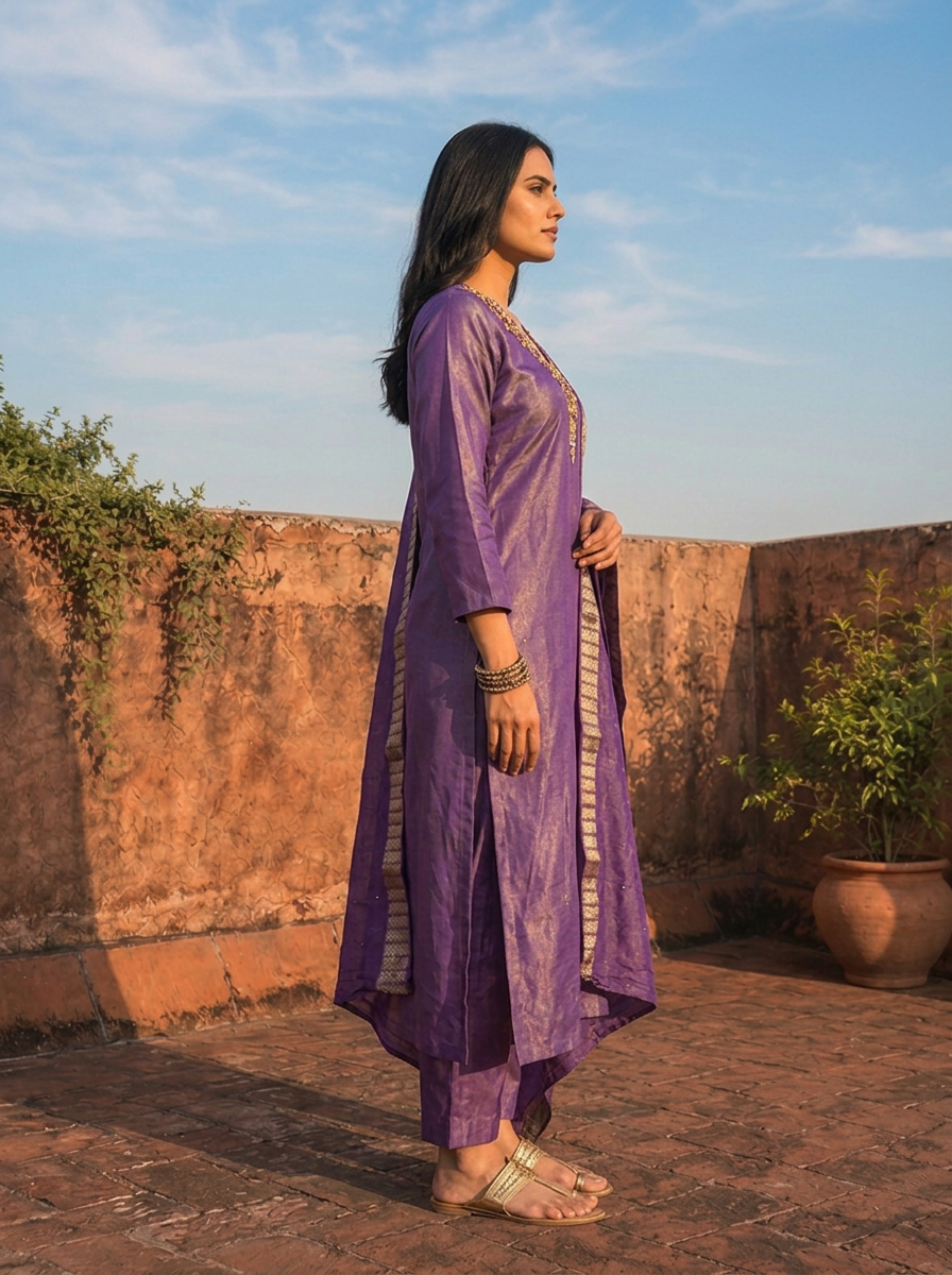 Purple Tissue Thread Floral Embroidered Three Piece Set