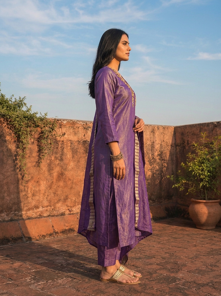 Purple Tissue Thread Floral Embroidered Three Piece Set