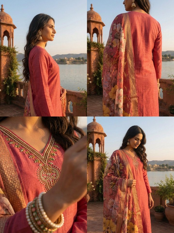 Onion Rayon Thread Embroidered Three Piece Set