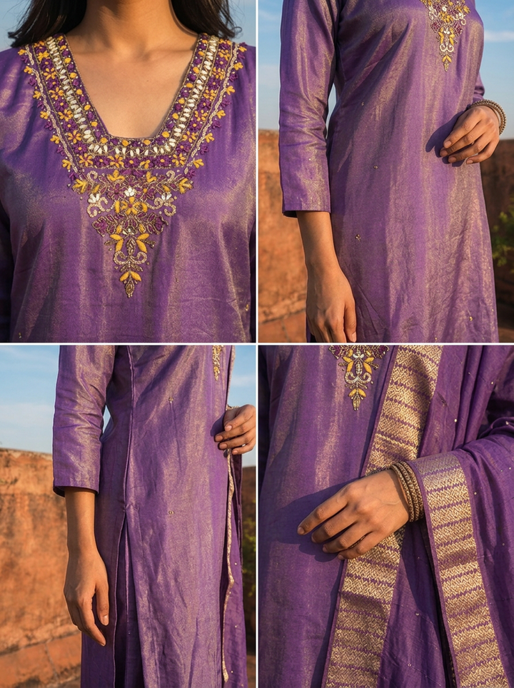 Purple Tissue Thread Floral Embroidered Three Piece Set