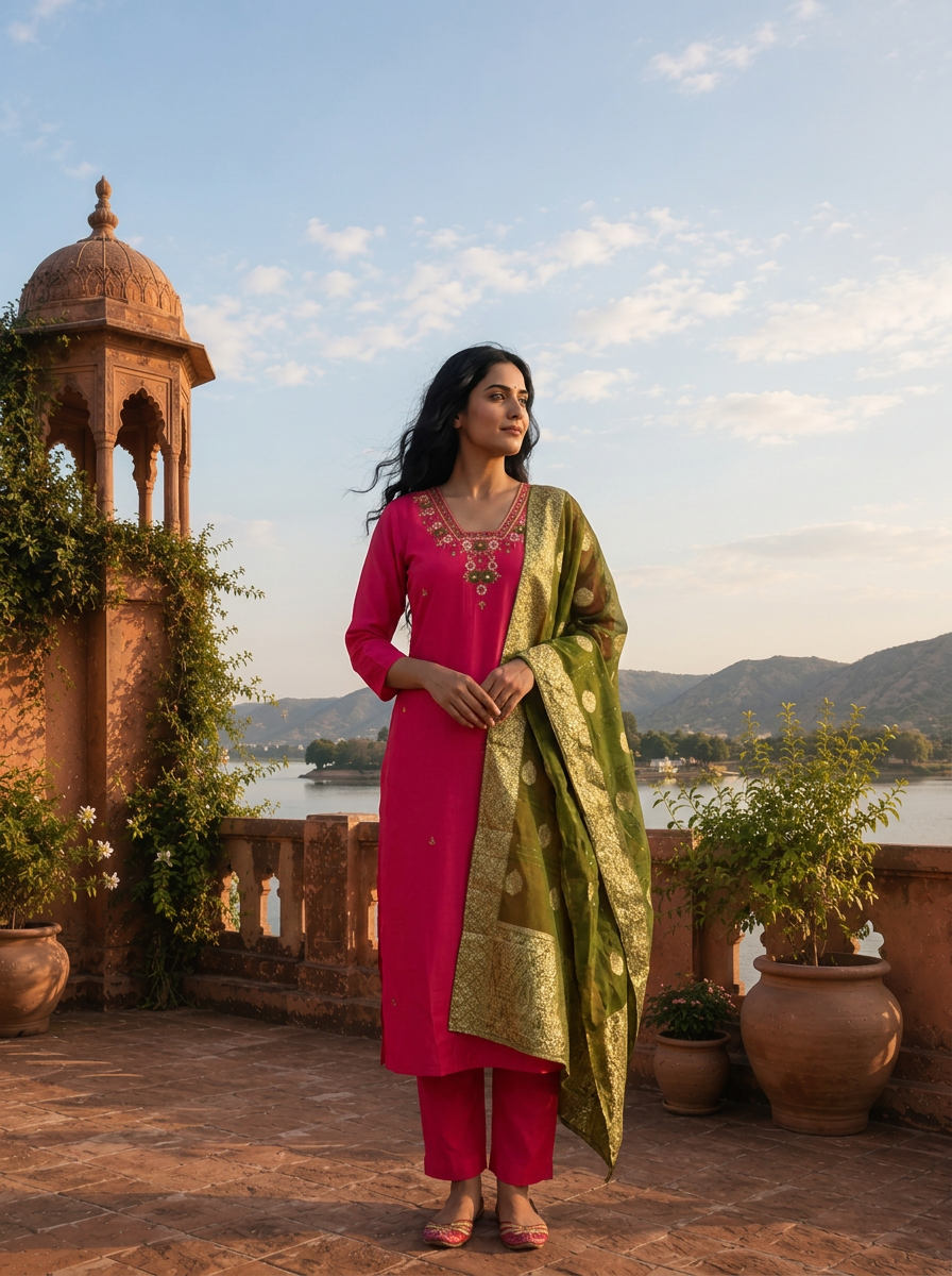 Rani Silk Thread Floral Embroidered Three Piece Set
