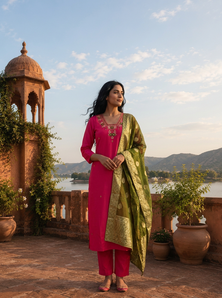 Rani Silk Thread Floral Embroidered Three Piece Set