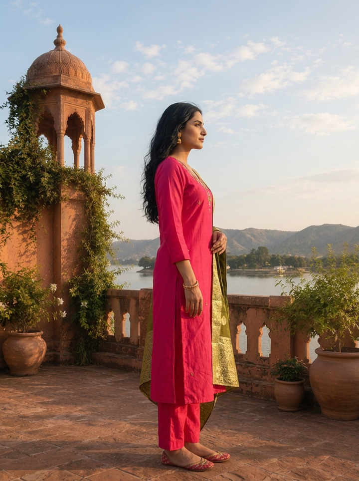 Rani Silk Thread Floral Embroidered Three Piece Set
