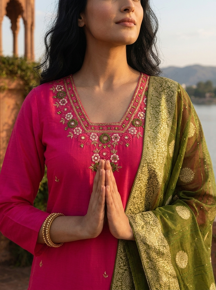 Rani Silk Thread Floral Embroidered Three Piece Set