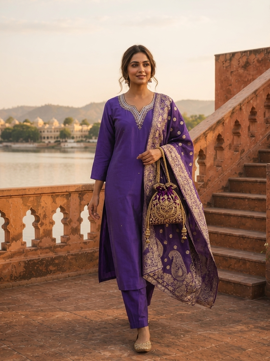 Purple Silk Stone Embroidered Three Piece Set