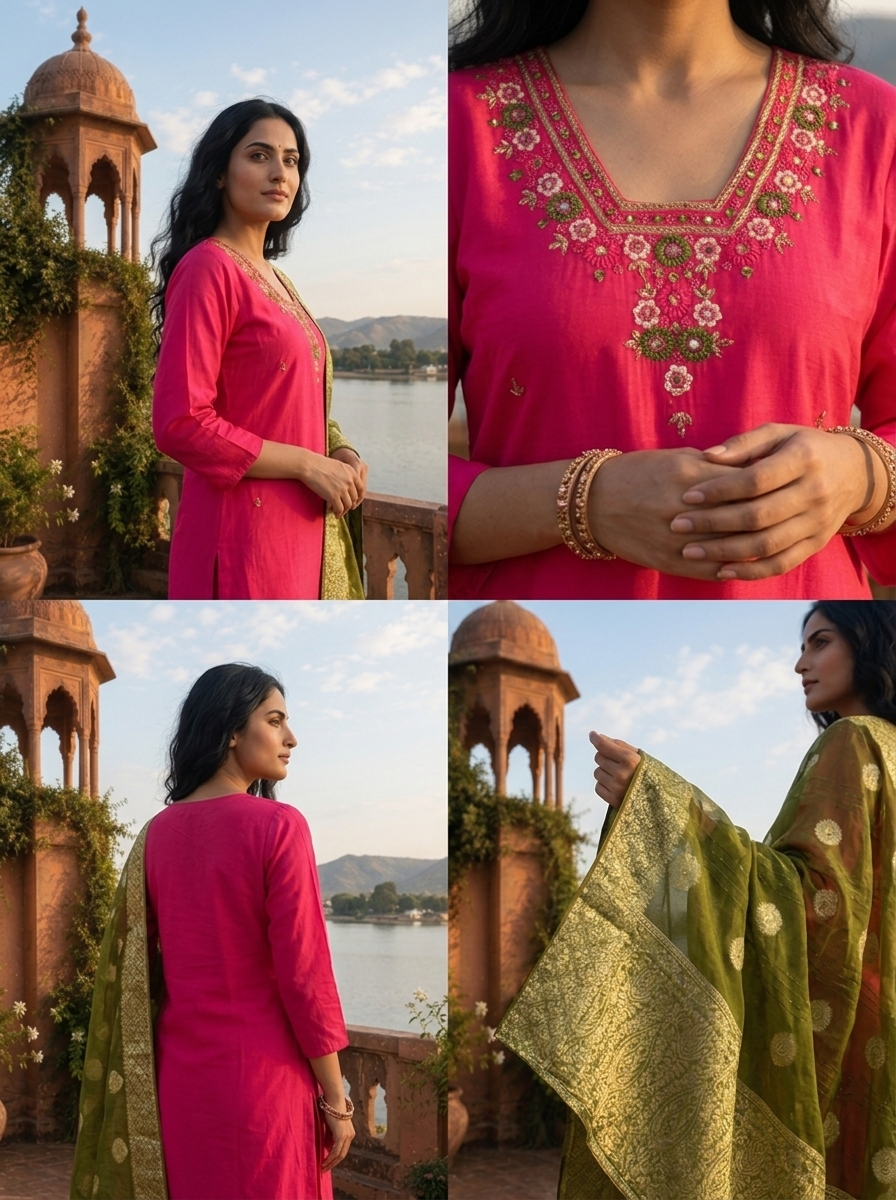 Rani Silk Thread Floral Embroidered Three Piece Set
