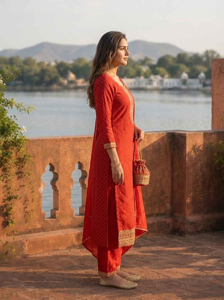 Maroon Silk Zari Printed Three Piece Set