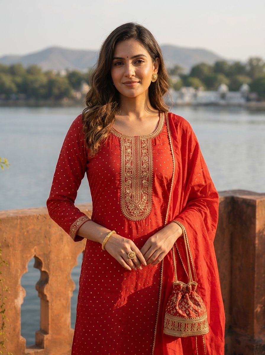 Maroon Silk Zari Printed Three Piece Set