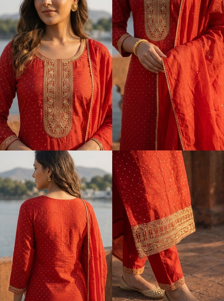 Maroon Silk Zari Printed Three Piece Set