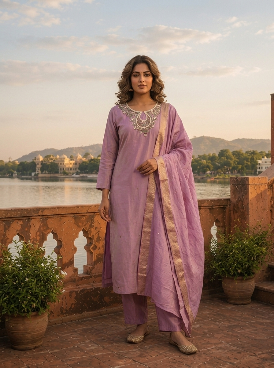 Lilac Tissue Thread And Stone Embroidered Three Piece Set
