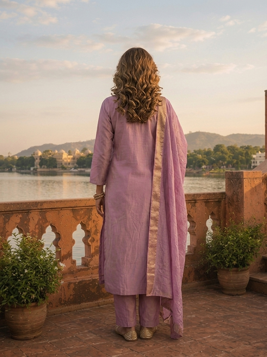 Lilac Tissue Thread And Stone Embroidered Three Piece Set