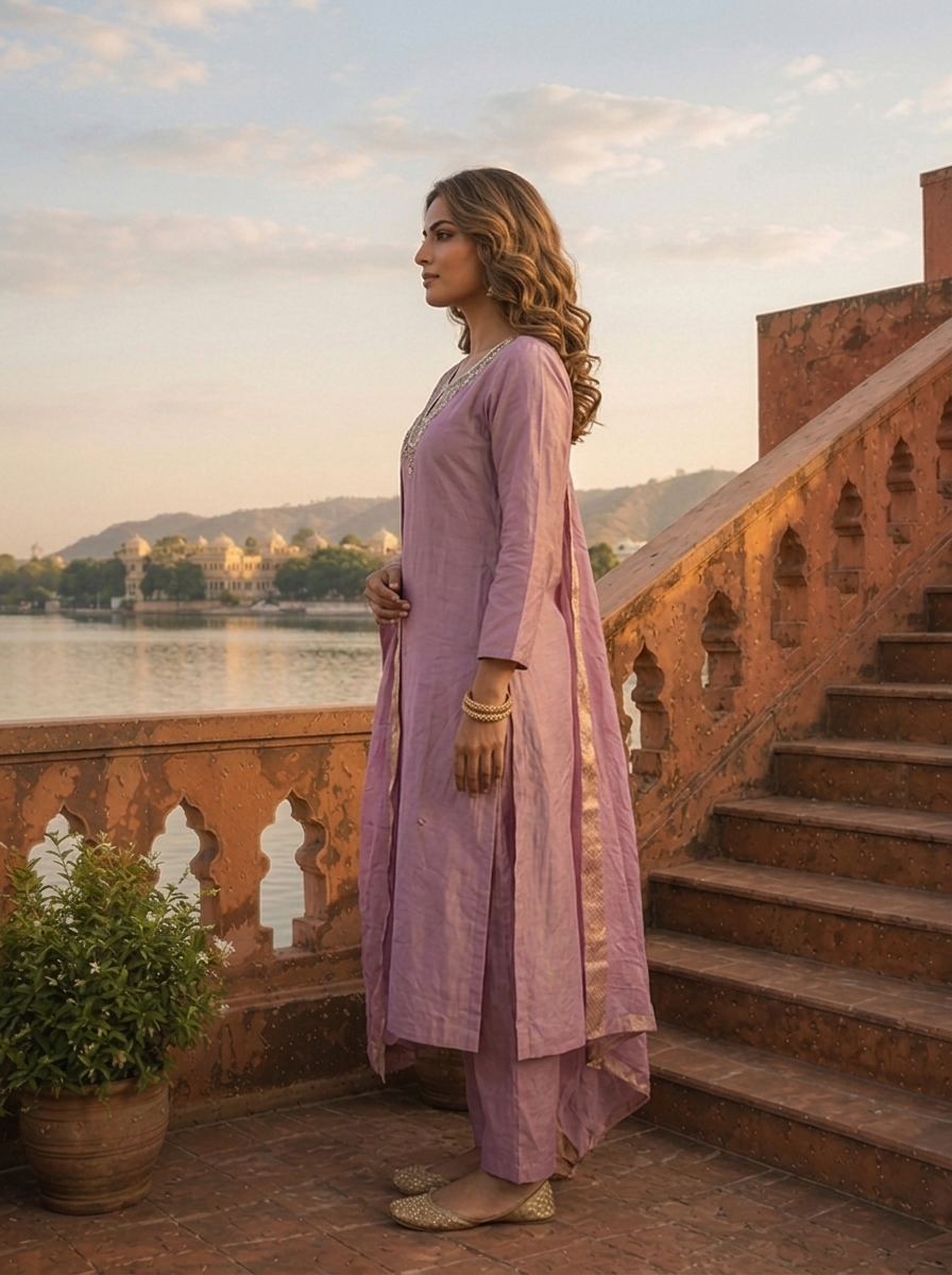 Lilac Tissue Thread And Stone Embroidered Three Piece Set
