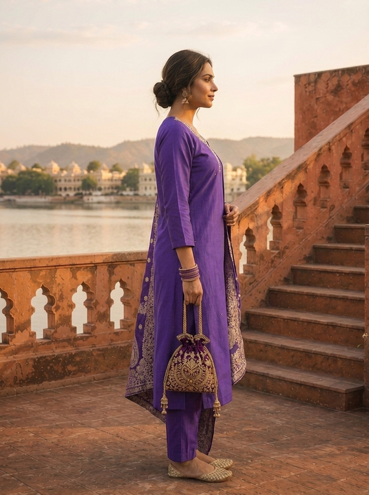 Purple Silk Stone Embroidered Three Piece Set