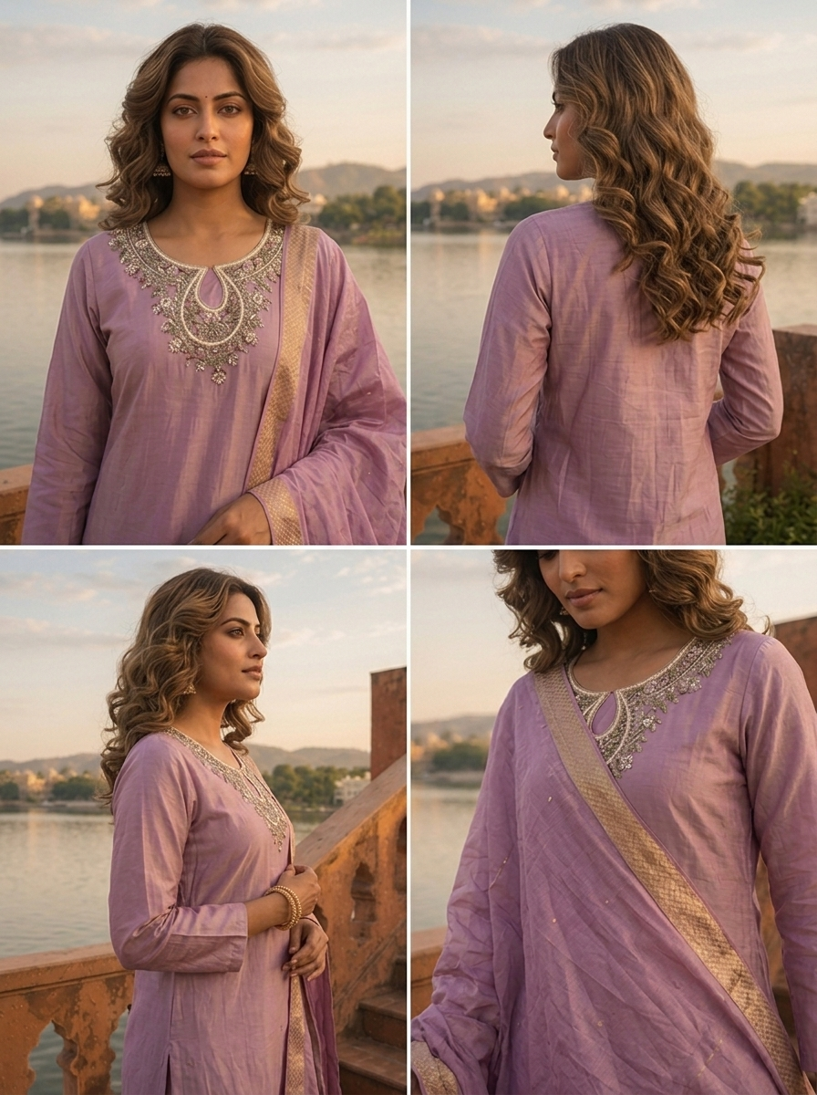 Lilac Tissue Thread And Stone Embroidered Three Piece Set