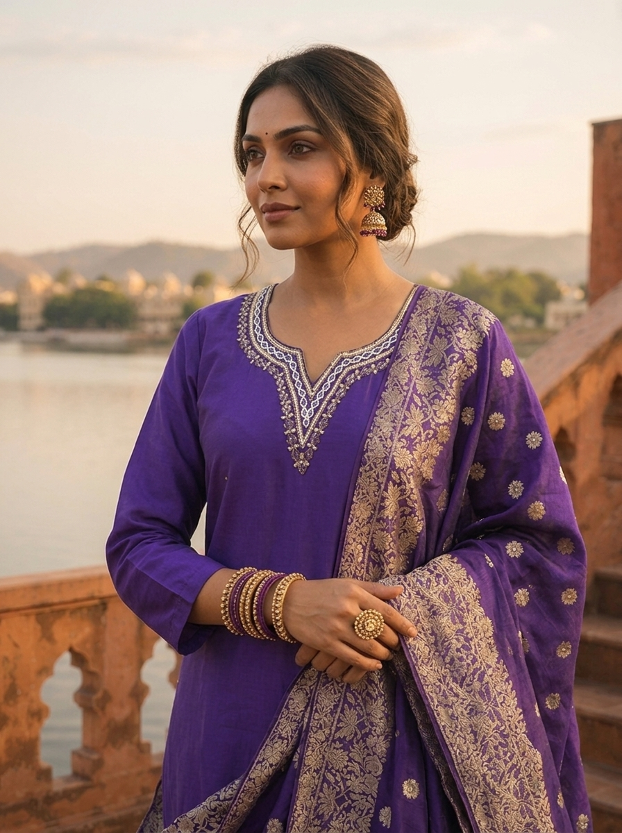 Purple Silk Stone Embroidered Three Piece Set