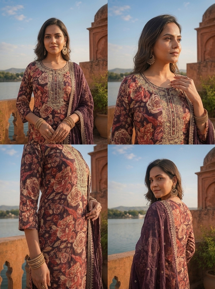 Wine Silk Watercolor Floral Printed Three Piece Set