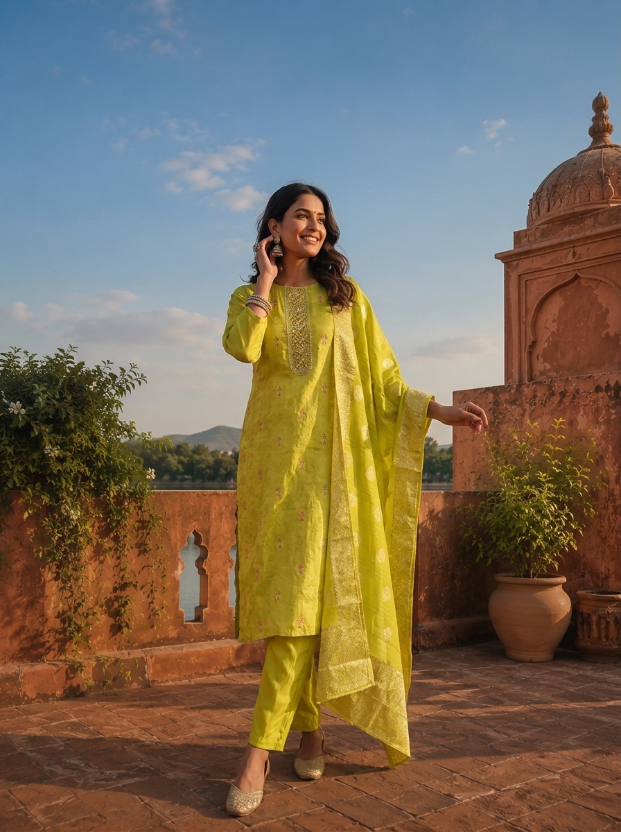 Lime Green Tissue Ethnic Weaved Three Piece Set