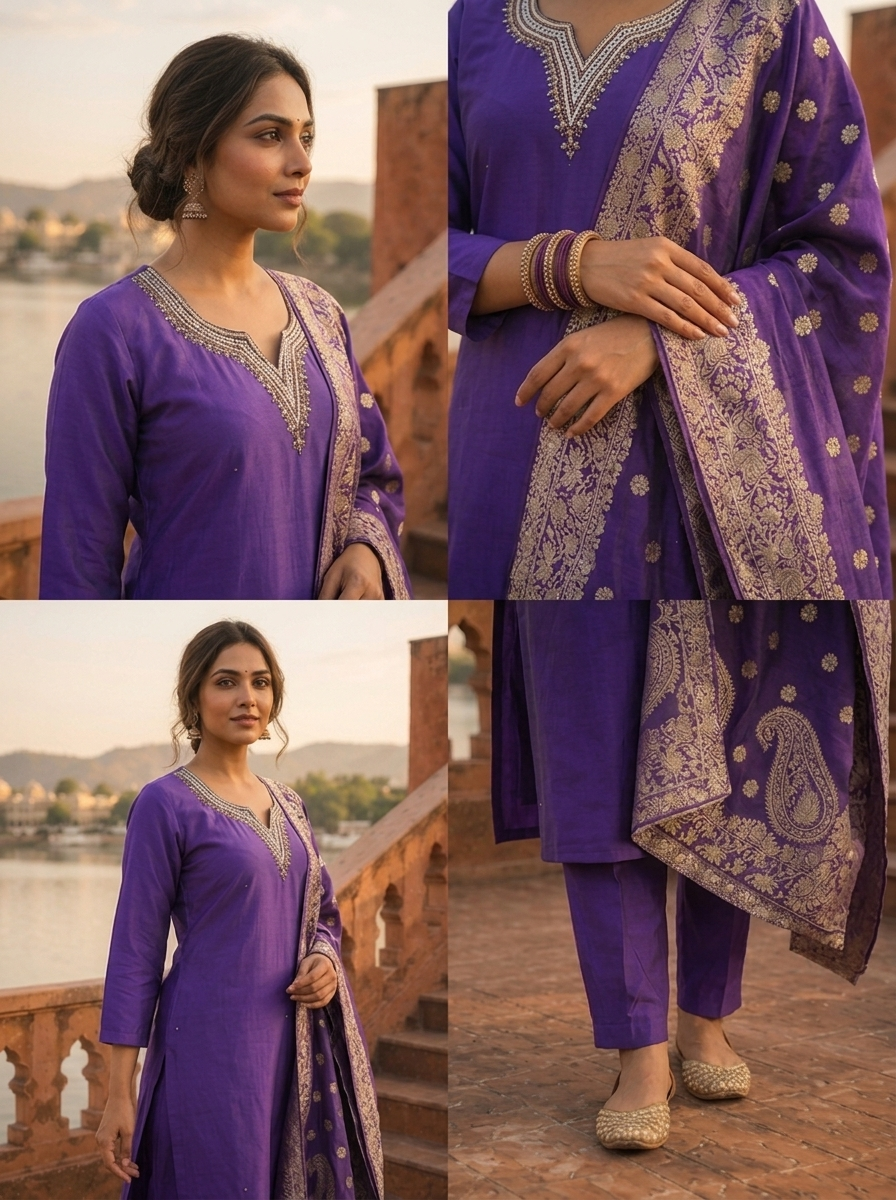 Purple Silk Stone Embroidered Three Piece Set