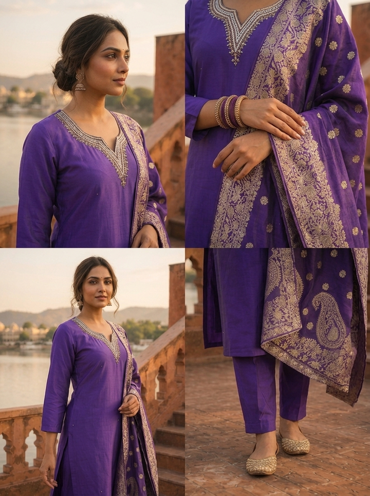 Purple Silk Stone Embroidered Three Piece Set