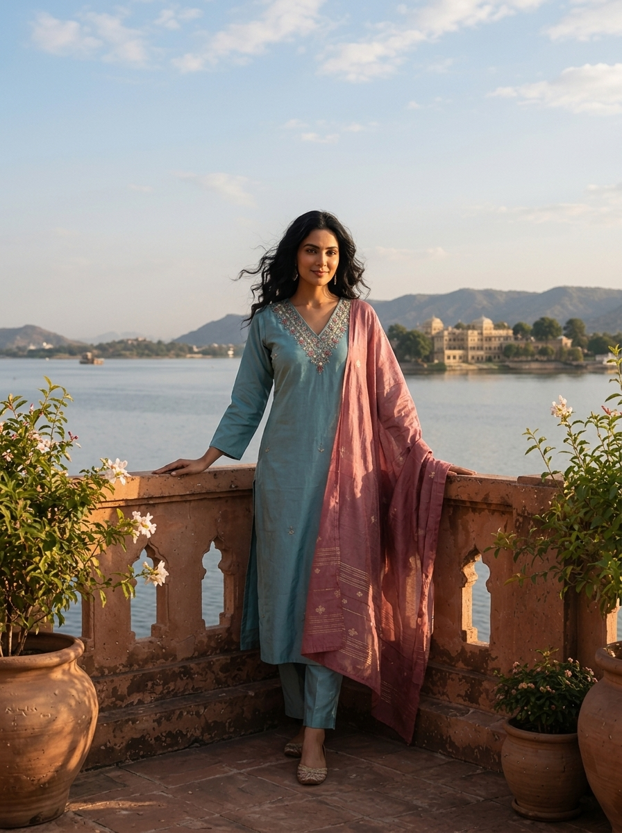 Aqua Tissue Stone And Thread Embroidered Three Piece Set