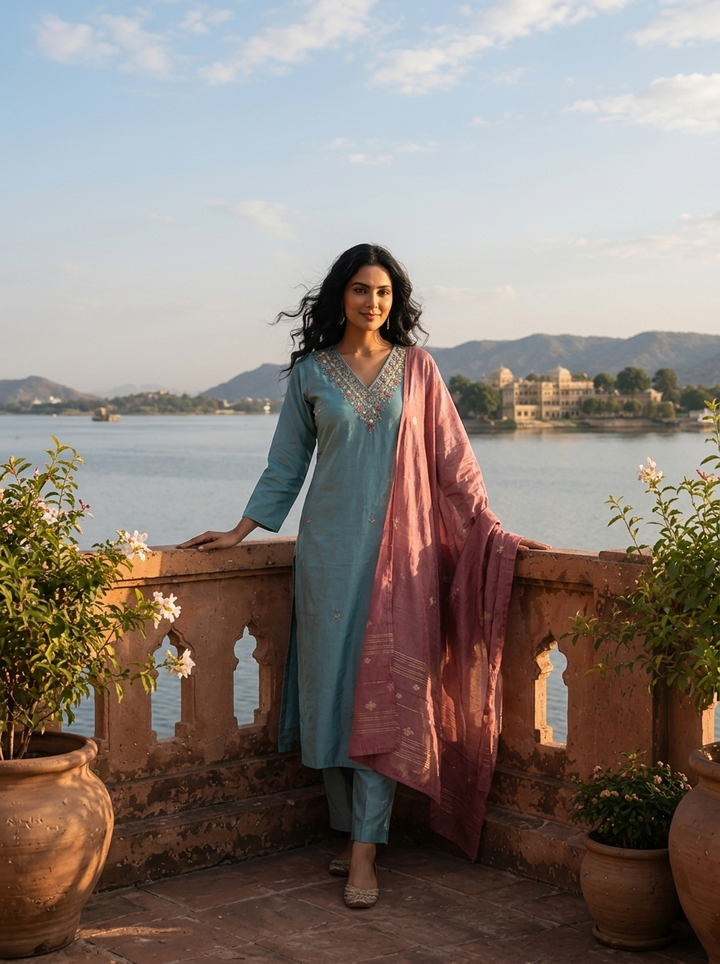 Aqua Tissue Stone And Thread Embroidered Three Piece Set