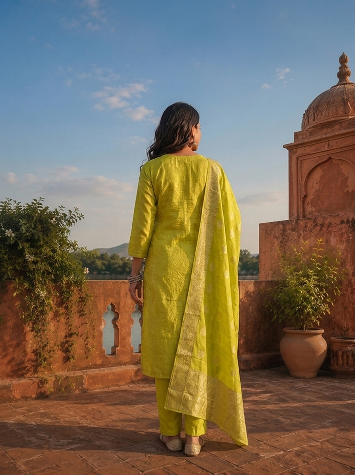 Lime Green Tissue Ethnic Weaved Three Piece Set