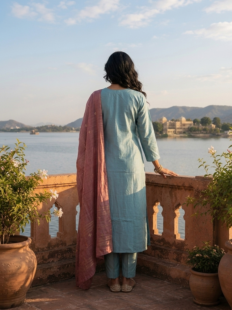Aqua Tissue Stone And Thread Embroidered Three Piece Set