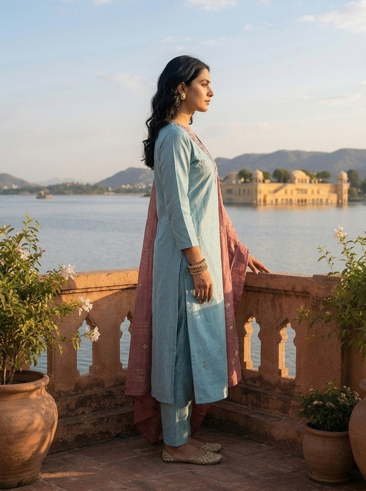 Aqua Tissue Stone And Thread Embroidered Three Piece Set