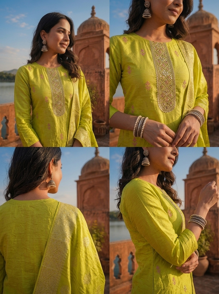 Lime Green Tissue Ethnic Weaved Three Piece Set
