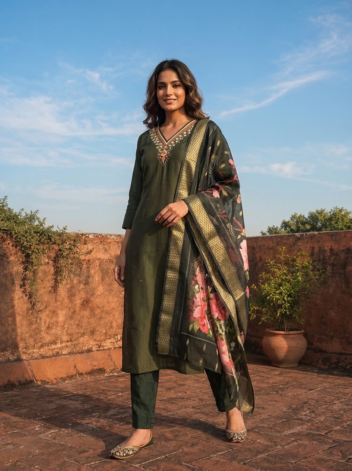Olive Rayon Floral Embroidered Three Piece Set