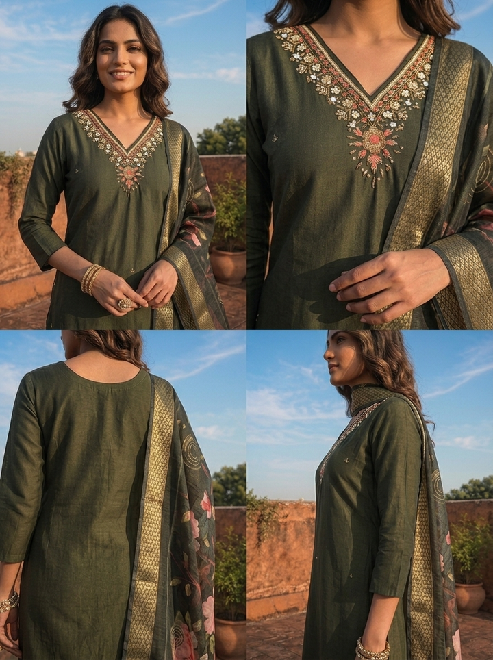 Olive Rayon Floral Embroidered Three Piece Set