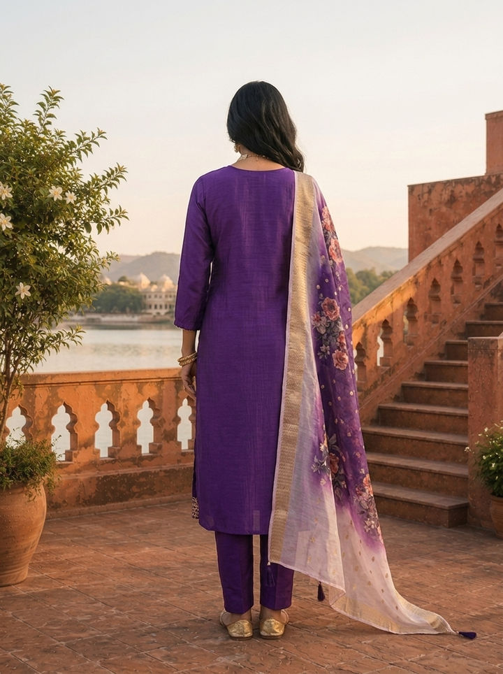 Purple Silk Embroidered Three Piece Set